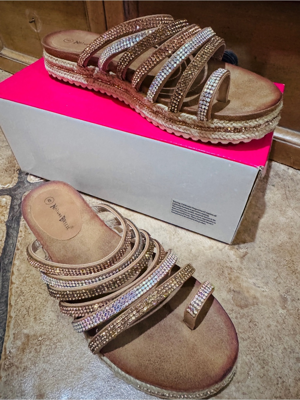 Gold and Champagne Rhinestone Multi-Strap Slide Sandals